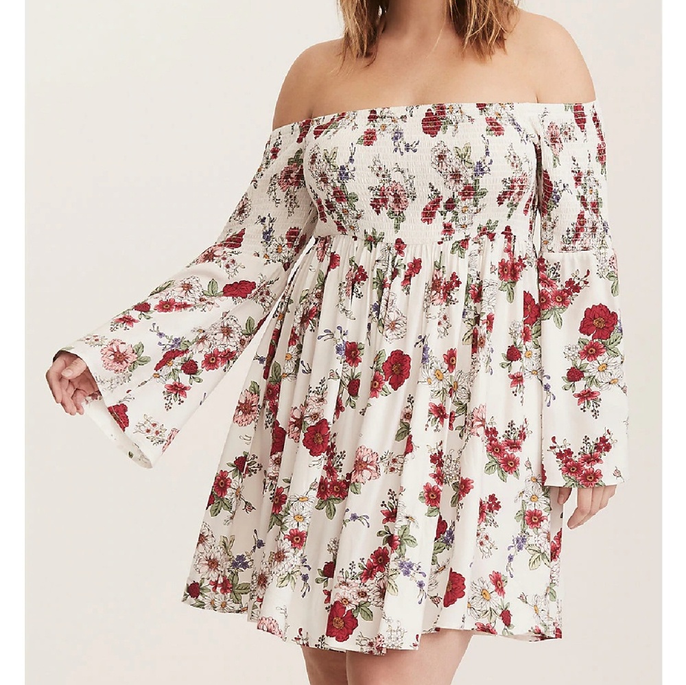 Torrid Smocked Floral off shoulder Boho dress